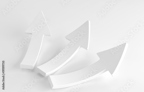 Three white arrows laying down on white background. 3d render