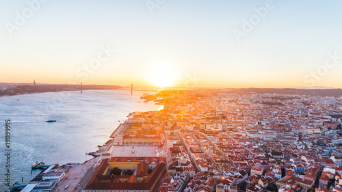 Panoramic view of Lisbon,Portugal town center form the of the many viewpoints parks.Architecture and culture in Europe.Tourist attraction.Beautiful view form the miradouro to the river and the bridge photo