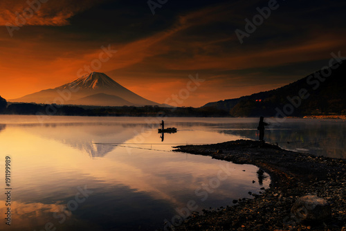 Mount Fujisan at dawn in Shoji lake