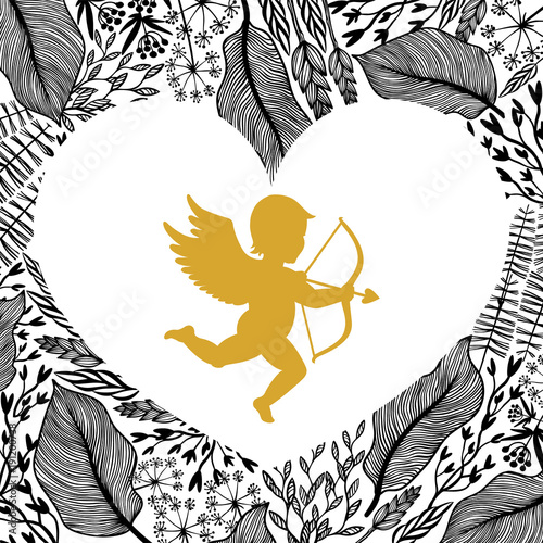 Gold Cupid with arrow and bow, floral frame in heart shape.. Amour Silhouette...