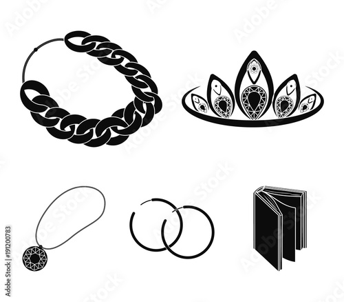 Tiara, gold chain, earrings, pendant with a stone. Jewelery and accessories set collection icons in black style vector symbol stock illustration web.
