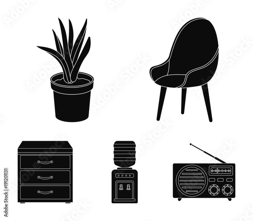 A red chair with a comfortable back, an aloe flower in a pot, an apparatus with clean water, a cabinet for office papers. Office Furniture set collection icons in black style vector symbol stock