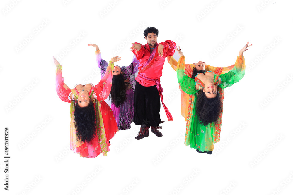 Naklejka premium professional dance troupe of Gypsies in traditional dress performs folk dance