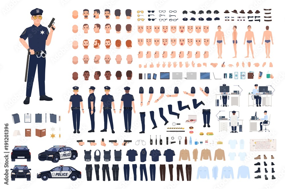 Policeman creation set or DIY kit. Collection of male police officer body  parts, facial gestures, hairstyles, uniform, clothing and accessories  isolated on white background. Vector illustration Stock Vector