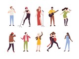 Collection of singers with microphones and musicians isolated on white background. Set of young men and women singing songs and playing guitar. Male and female cartoon characters. Vector illustration.