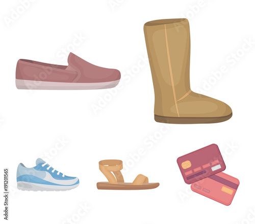 Beige ugg boots with fur, brown loafers with a white sole, sandals with a fastener, white and blue sneakers. Shoes set collection icons in cartoon style vector symbol stock illustration web.