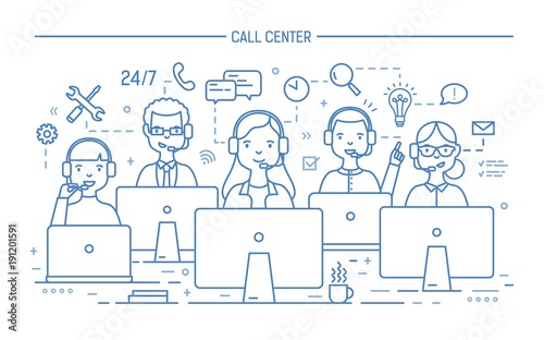 Smiling online advisors wearing headphones with microphones sitting at comput...