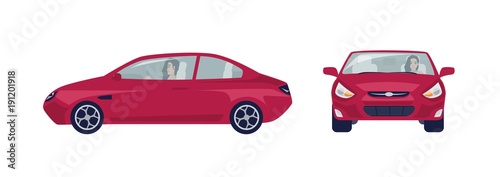Long haired brunette woman driving red sedan car. Female driver and her automobile. Front and side views. Cartoon character isolated on white background. Colorful vector illustration in flat style.