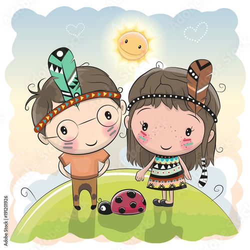 Cute Cartoon tribal girl and boy with feather
