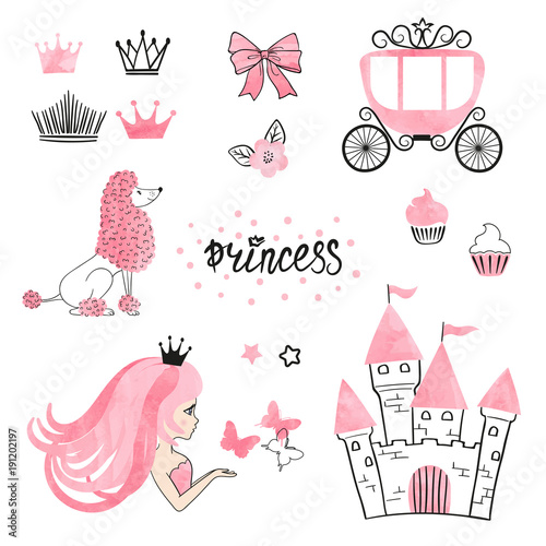 Set of Princess world design elements isolated on white. Vector illustration.