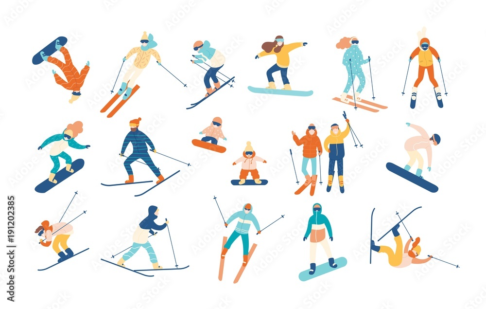 Adult people and children dressed in winter clothing snowboarding and skiing. Male and female cartoon ski and snowboard riders. Winter mountain sports activity. Vector illustration in flat style.