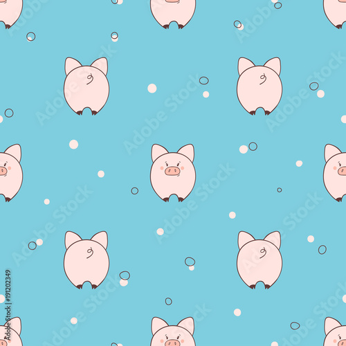 Fototapeta Seamless pattern with cute little pigs on blue background