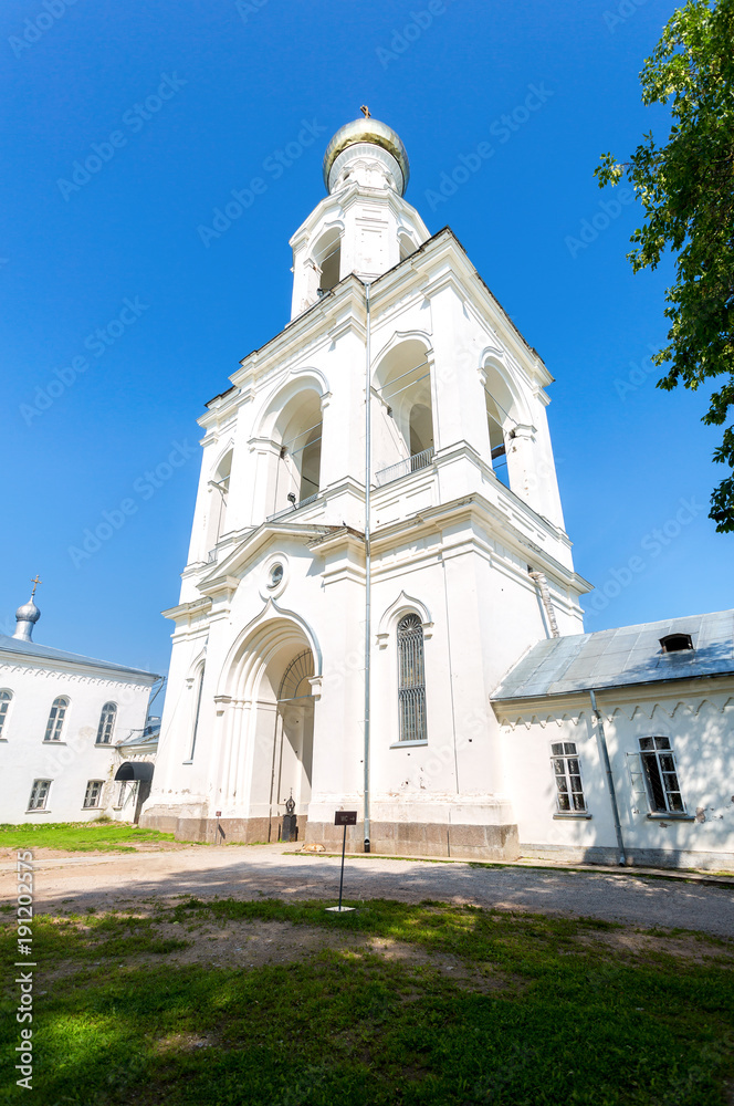 Bell tower of the St. George (Yuriev) Orthodox Male Monastery in Veliky Novgorod, Russia
