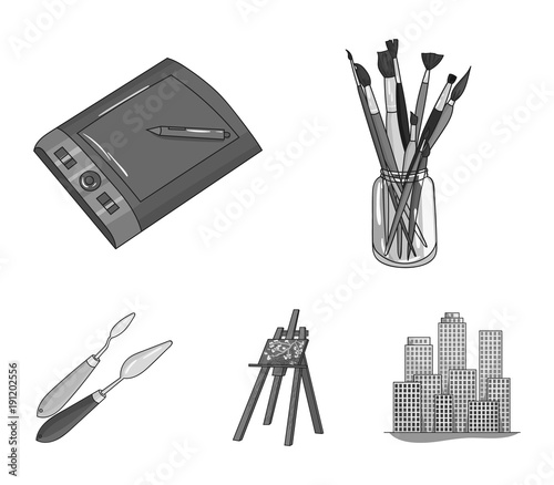 Bank with brushes, a drawing board, an easel with a canvas, paint knives.Artist and drawing set collection icons in monochrome style vector symbol stock illustration web.