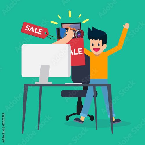 Customer very happy, electronics gadget product Discount. Fast delivery service on computer, shopping online. Vector illustration