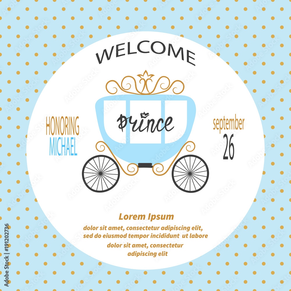 Baby shower boy. Vector invitation card design with prince carriage ...