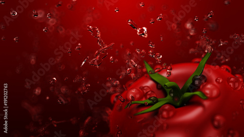 Beautiful red background with a pomodore. 3d illustration, 3d rendering.