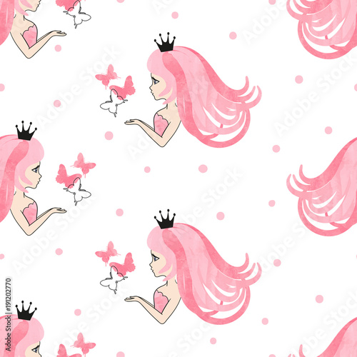 Seamless princess pattern with beautiful girls and butterflies.