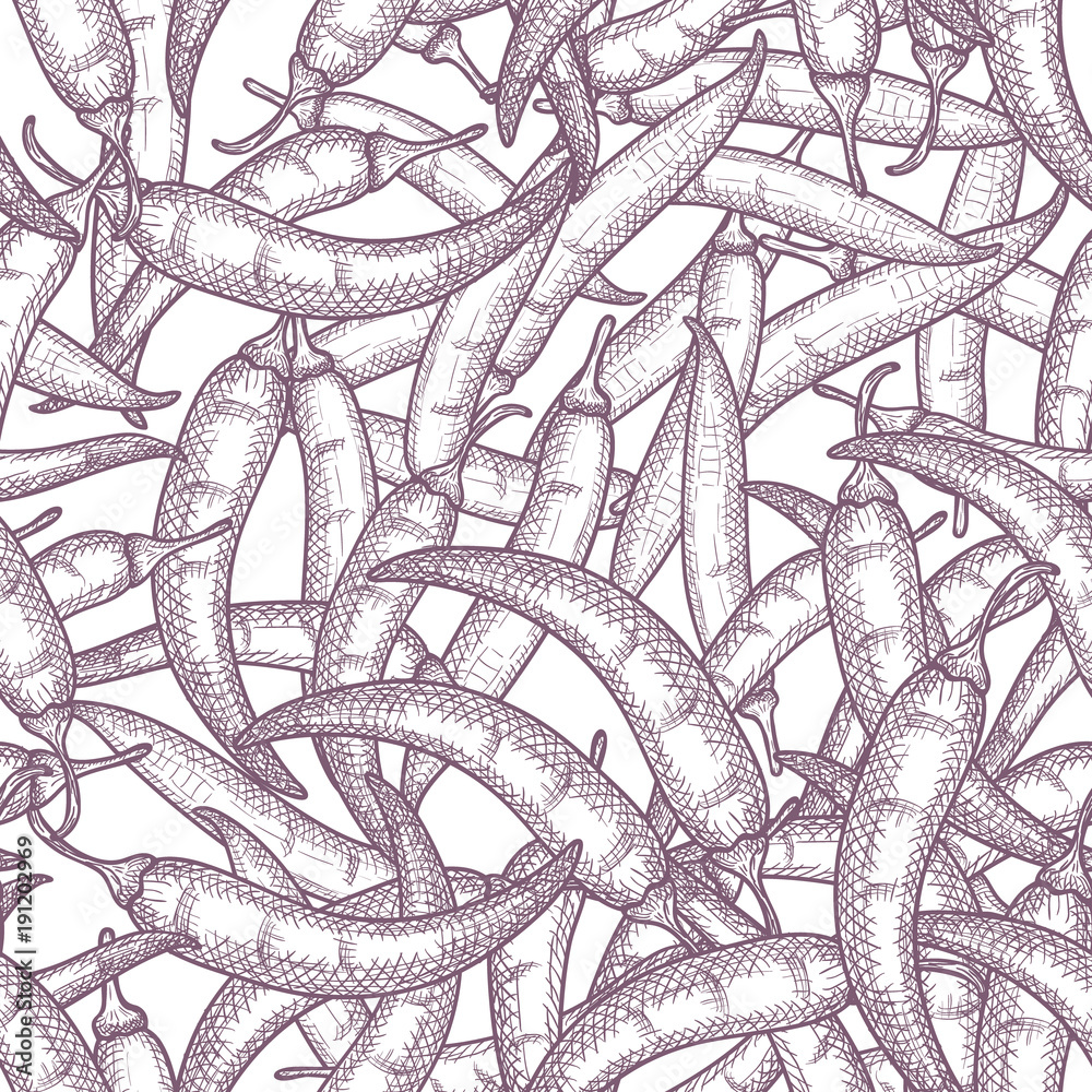 Obraz premium Hand Drawn Chili Pepper Seamless Pattern Background. Vector