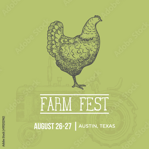 Farm fest banner. Hand Drawn Chicken. Vector