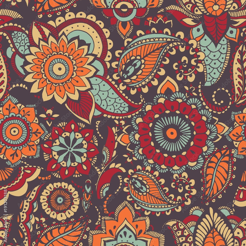 Fototapeta premium Motley oriental paisley seamless pattern with colorful buta motif and mehndi elements on dark background. Bright colored vector illustration for fabric print, wallpaper, wrapping paper, backdrop.