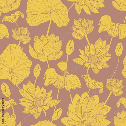 Botanical seamless pattern with beautiful yellow blooming lotus hand drawn on...