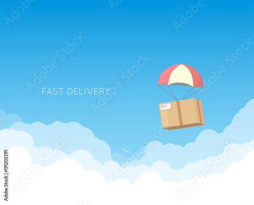Cardboard with parachute flying down in the sky with white clouds. Delivery concept banner. Text on background. Gift or present box.