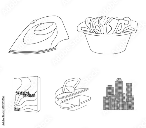 A bowl with laundry, iron, ironing press, washing powder. Dry cleaning set collection icons in outline style vector symbol stock illustration web.