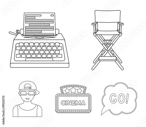 Chair of the director, typewriter, cinematographic signboard, film-man. Films and cinema set collection icons in outline style vector symbol stock illustration web.
