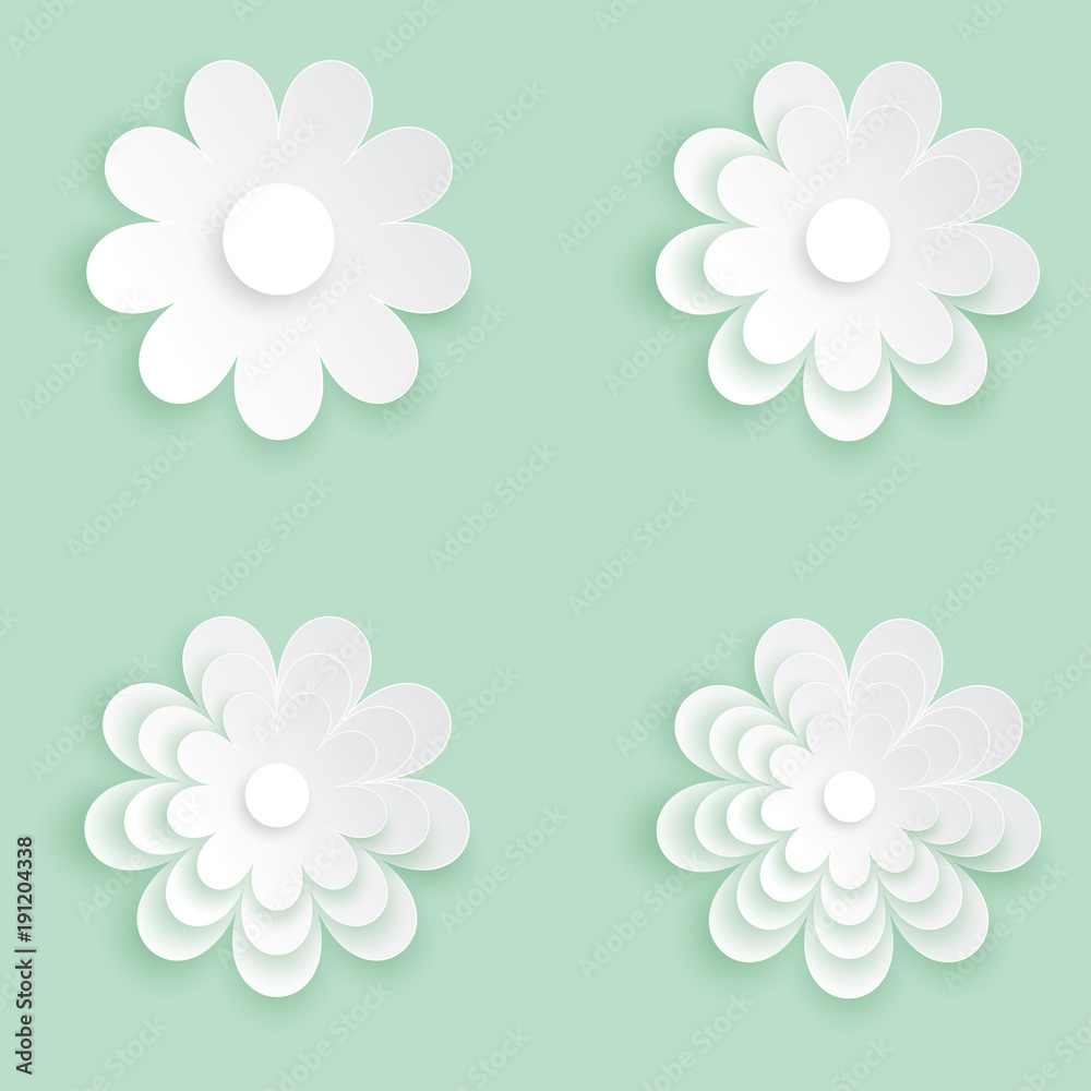 Set of four flower vector icon, White flower on the green pastel background, Paper cut of flower shape, Logo of valentine day and love symbol.