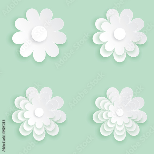 Set of four flower vector icon  White flower on the green pastel background  Paper cut of flower shape  Logo of valentine day and love symbol.