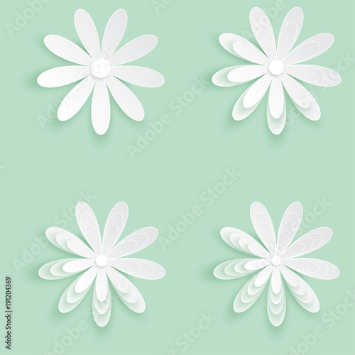 Set of four flower vector icon, White flower on the green pastel background, Paper cut of flower shape, Logo of valentine day and love symbol.