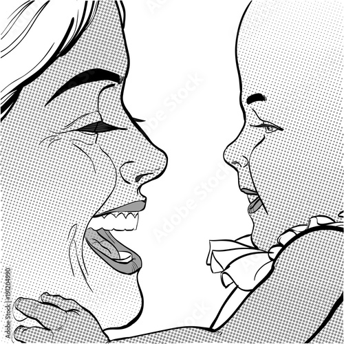 Mom and baby. Young mother with baby. Happy mother with baby. Colorful shiny illustration of a mother playing with her child. Happy Mother's Day celebration.