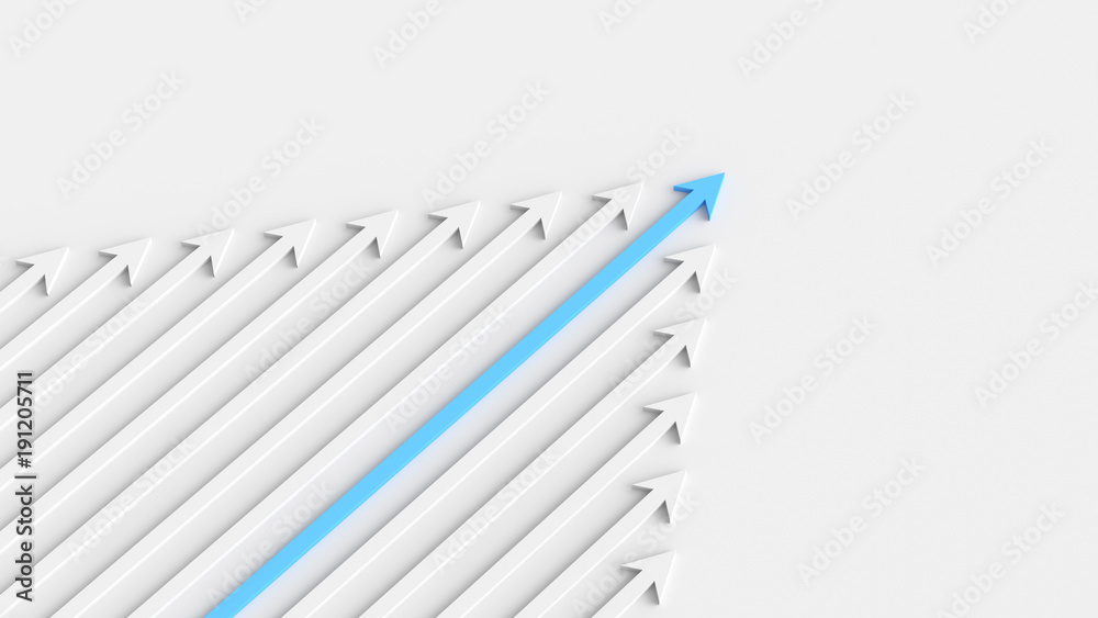 Leadership, success, and teamwork concept, blue leader arrow leading white arrows. 3D Rendering. Leadership, success, and teamwork concept, blue leader arrow leading white arrows. 3D Rendering.
