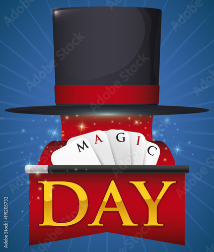 Top Hat and Royal Flush with Magic for Magic Day, Vector Illustration