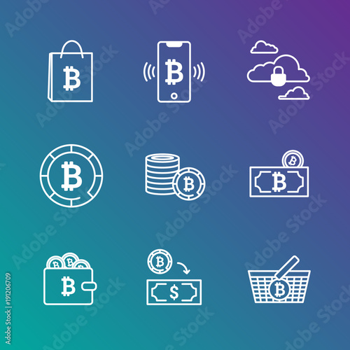 Bitcoin digital money saving icon set, cryptocurrency system and mining pool. Modern vector icons on gradient
