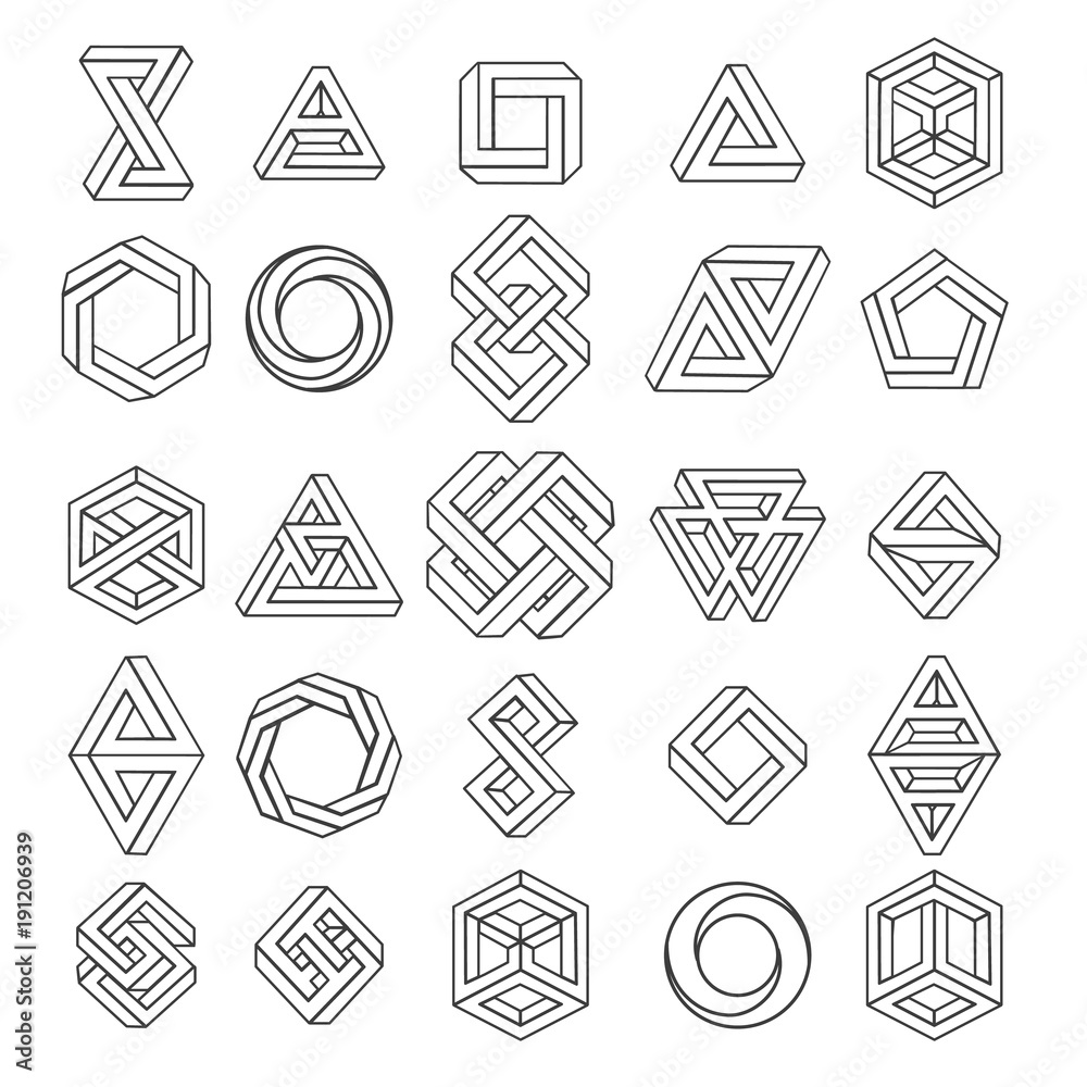 Graphic impossible shapes. Circle, square and triangle symbols with escher paradox impossible geometry geometric graphic, vector illustration