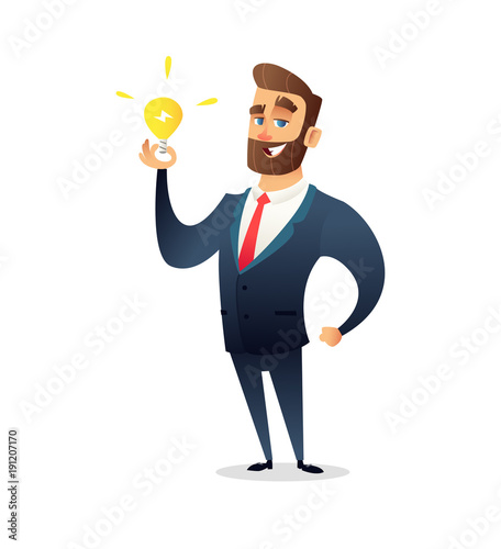 Successful beard businessman character holding light bulb. Big idea concept. Symbol of having business inspiration
