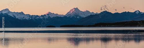 Sunset colors and reflection at Mount Cook the Aoraki/Mount Cook National Park, South island, New Zealand