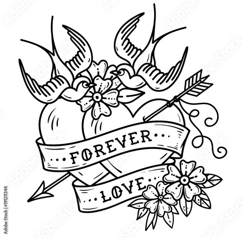 Tattoo two hearts pierced by arrow. Hearts with flowers , ribbon and swallows. Forever love. Valentines Day.
