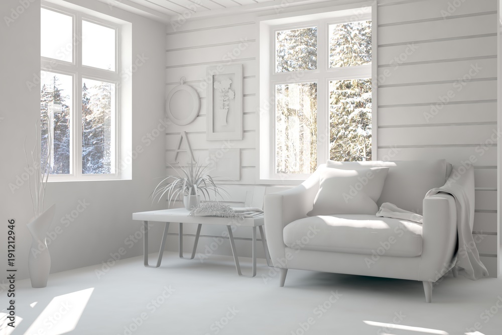 White room with armchair and winter landscape in window. Scandinavian interior design. 3D illustration White room with armchair and winter landscape in window. Scandinavian interior design. 3D illustration