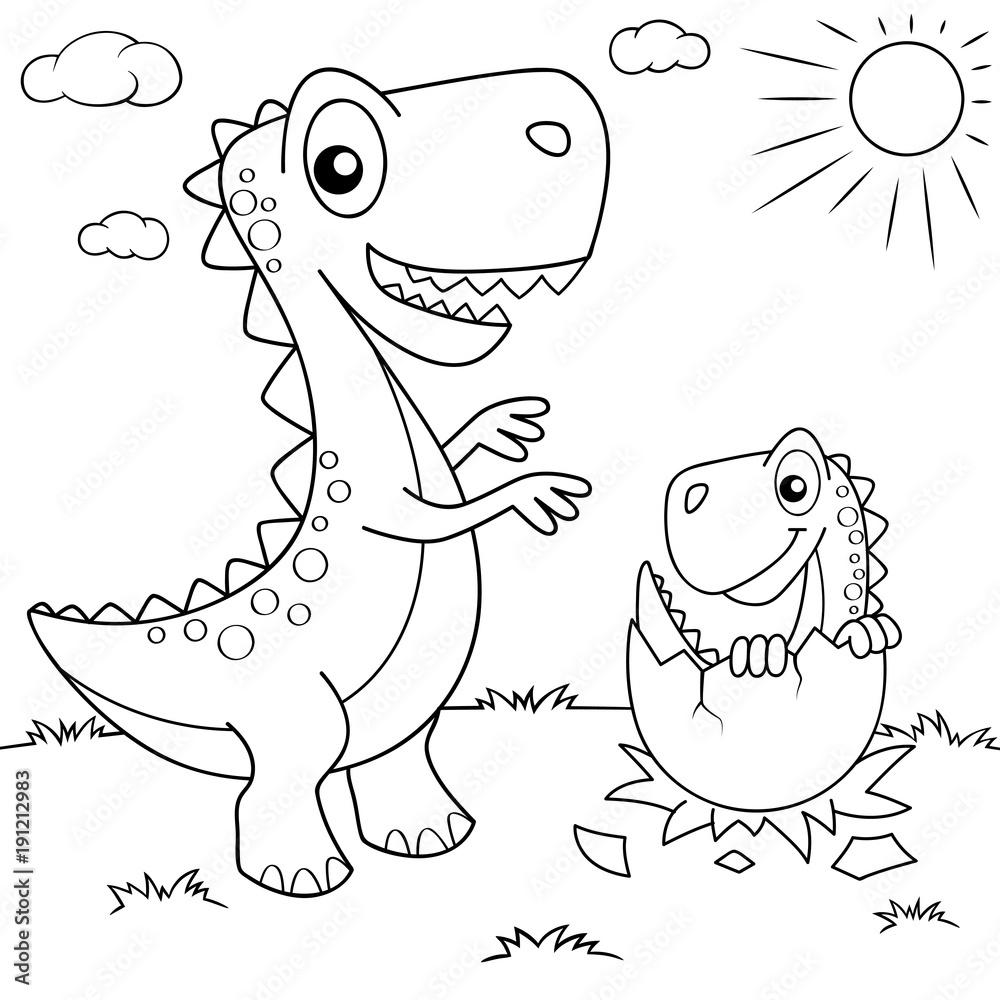 Funny cartoon dinosaur and his nest with little dino. Black and white  vector illustration for coloring book Stock Vector | Adobe Stock