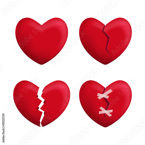 Realistic Detailed 3d Red Broken Hearts Set Icons. Vector