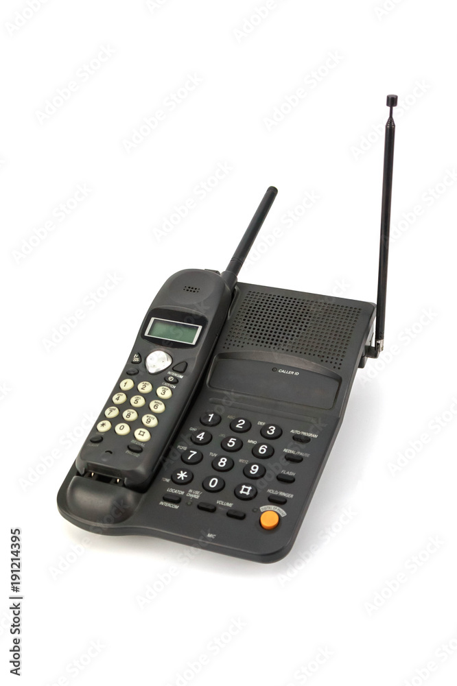 Black cordless telephone isolated on white background, Home appliances. Black cordless telephone isolated on white background, Home appliances.