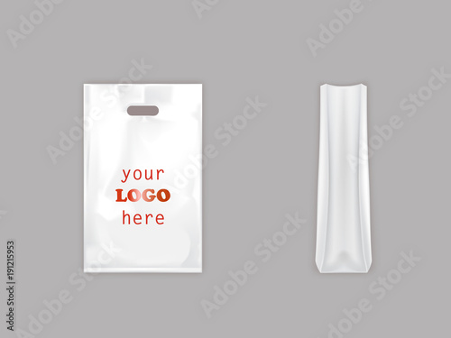 3d vector realistic white plastic bag with handle, disposable polythene packet with blank space for advertising, front and side view, illustration isolated on background. Mockup for brand design