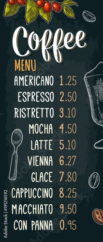 Restaurant or cafe menu coffee drink with price.