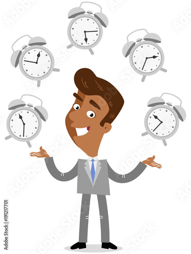 Vector illustration of a smiling asian cartoon businessman juggling with alarm clocks, symbolizing time management.