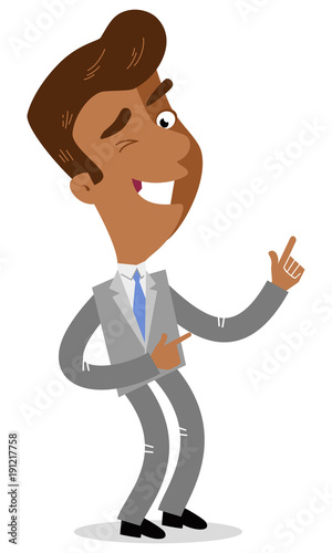 Vector illustration of a happily cheering asian cartoon businessman winking and gesturing.