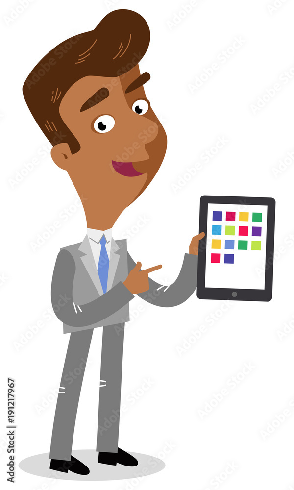 Vector illustration of an asian cartoon businessman holding and pointing to a tablet computer Vector illustration of an asian cartoon businessman holding and pointing to a tablet computer