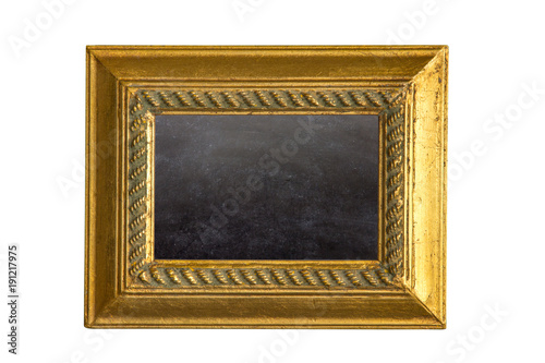 goldener Bilderrahmen mit Tafel auf weißem Hintergrund